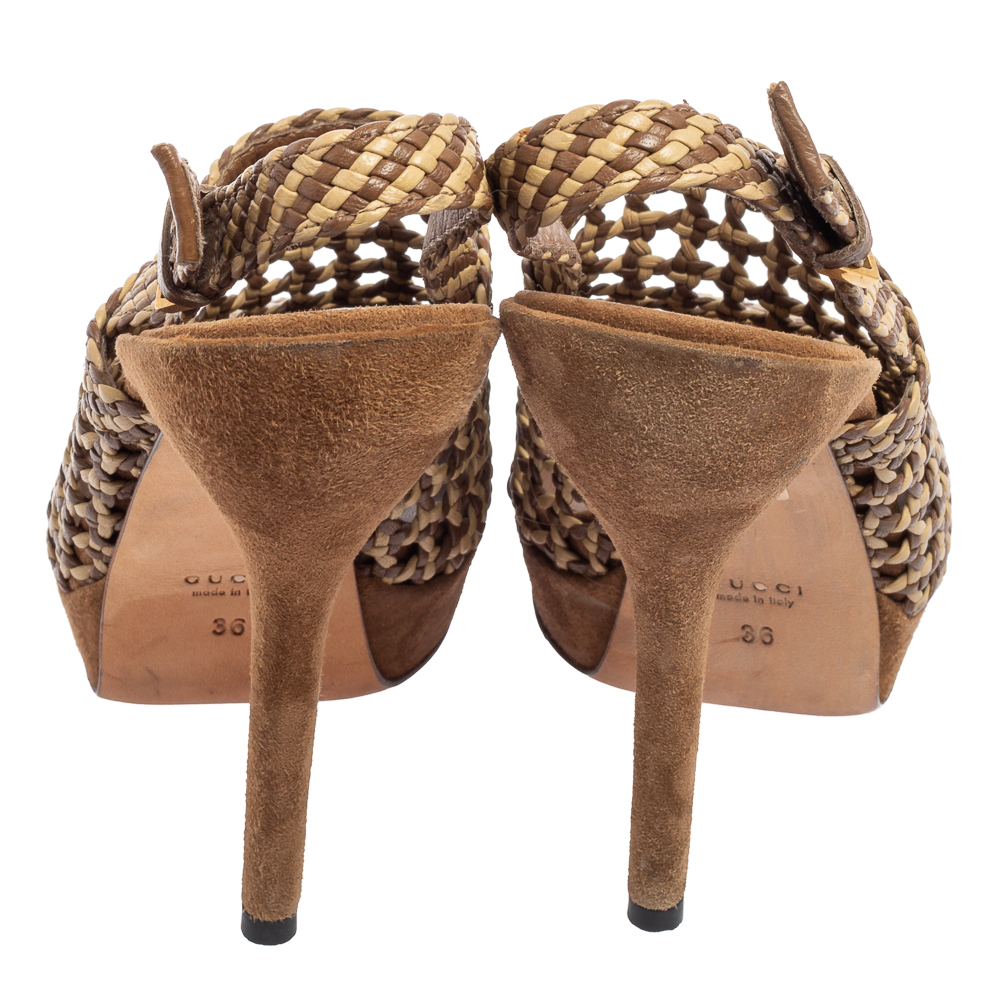 Gucci Brown/Beige Woven Leather Kyligh Slingback Platform Sandals Size 36