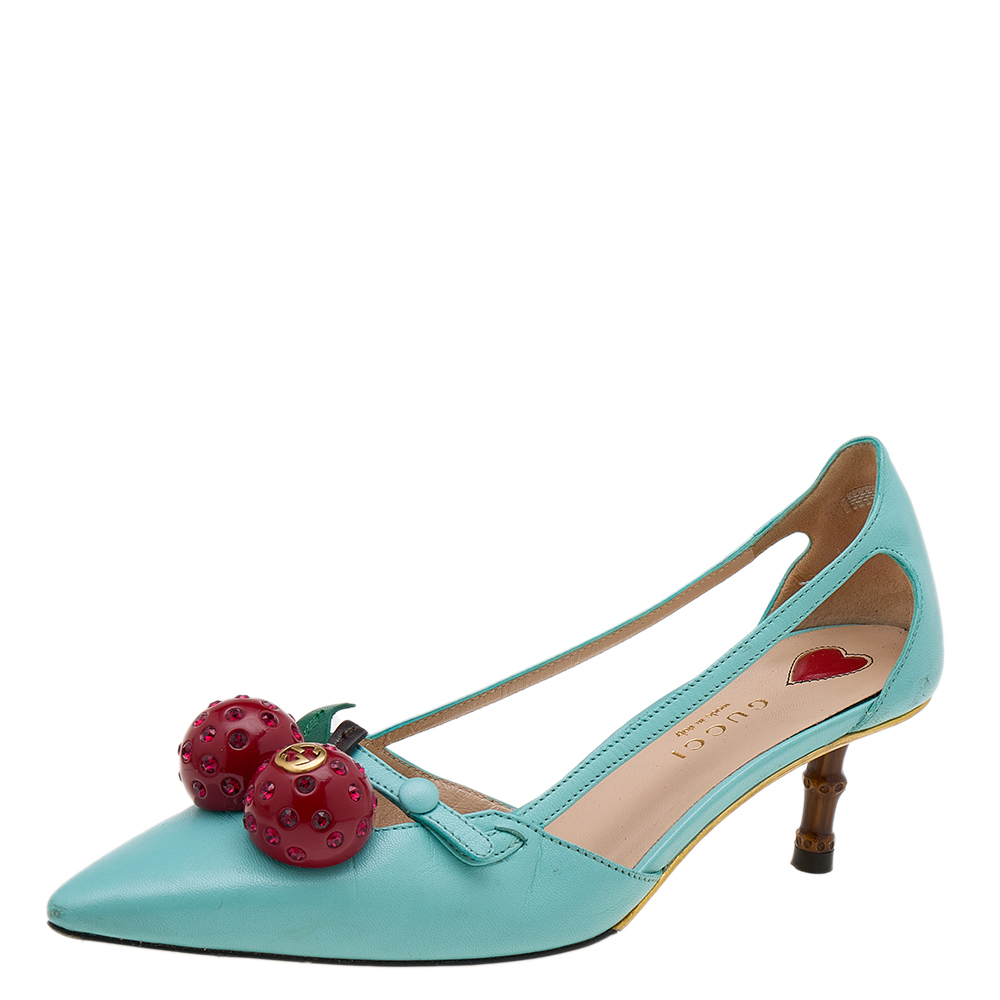 Gucci Aqua Blue Leather Unia Cherry Bamboo Heel Pointed Toe Pumps Size 35