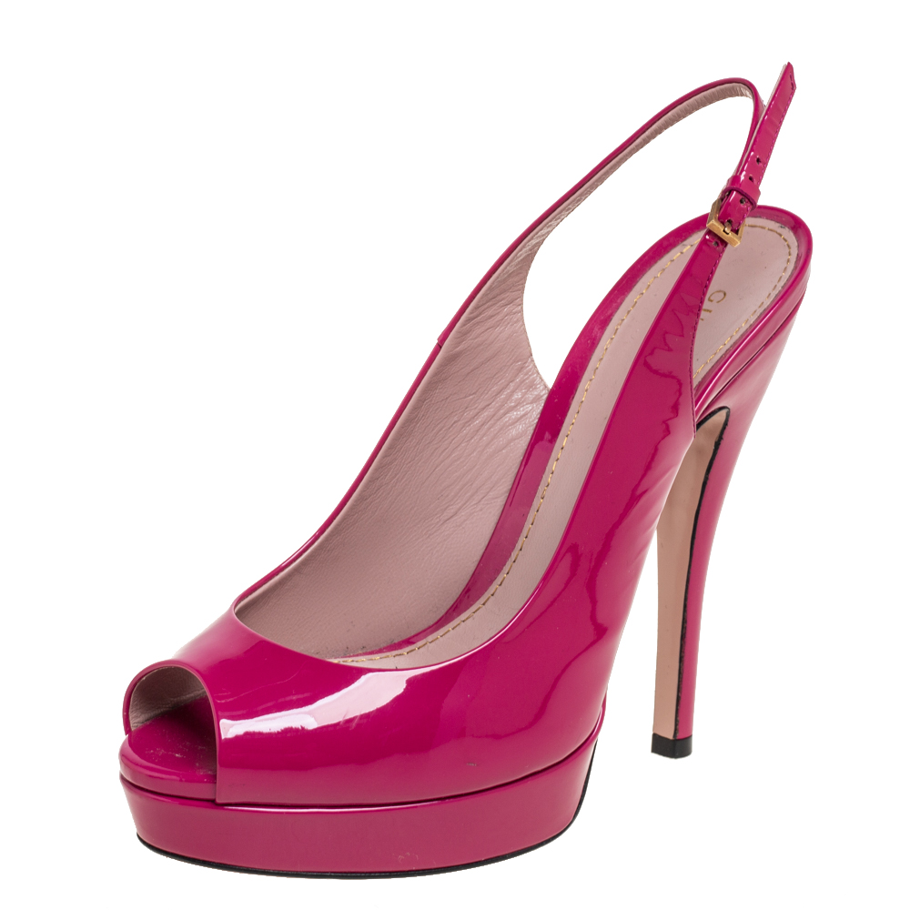 Gucci magenta patent leather peep-toe platform slingback pumps size 38