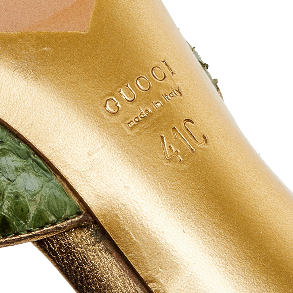 Gucci Green Snakeskin Embossed Leather Peep Toe Slide Sandals Size 41