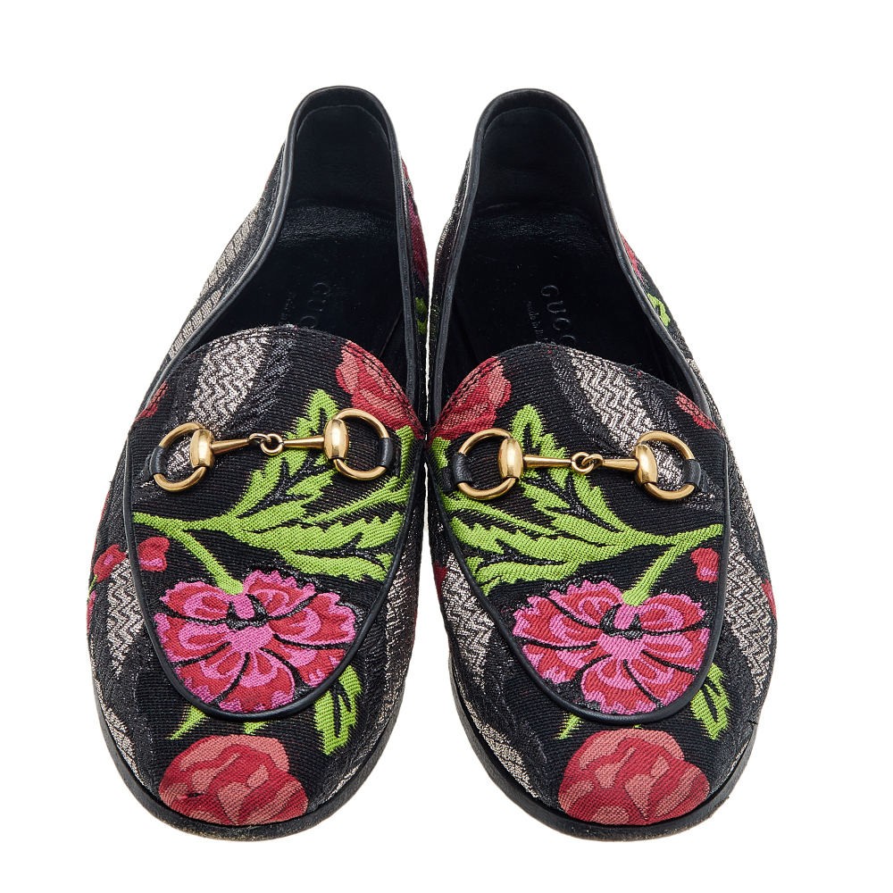 Gucci Multicolor Floral Embroidered Brocade Fabric Jordaan Horsebit Slip On Loafers Size 36