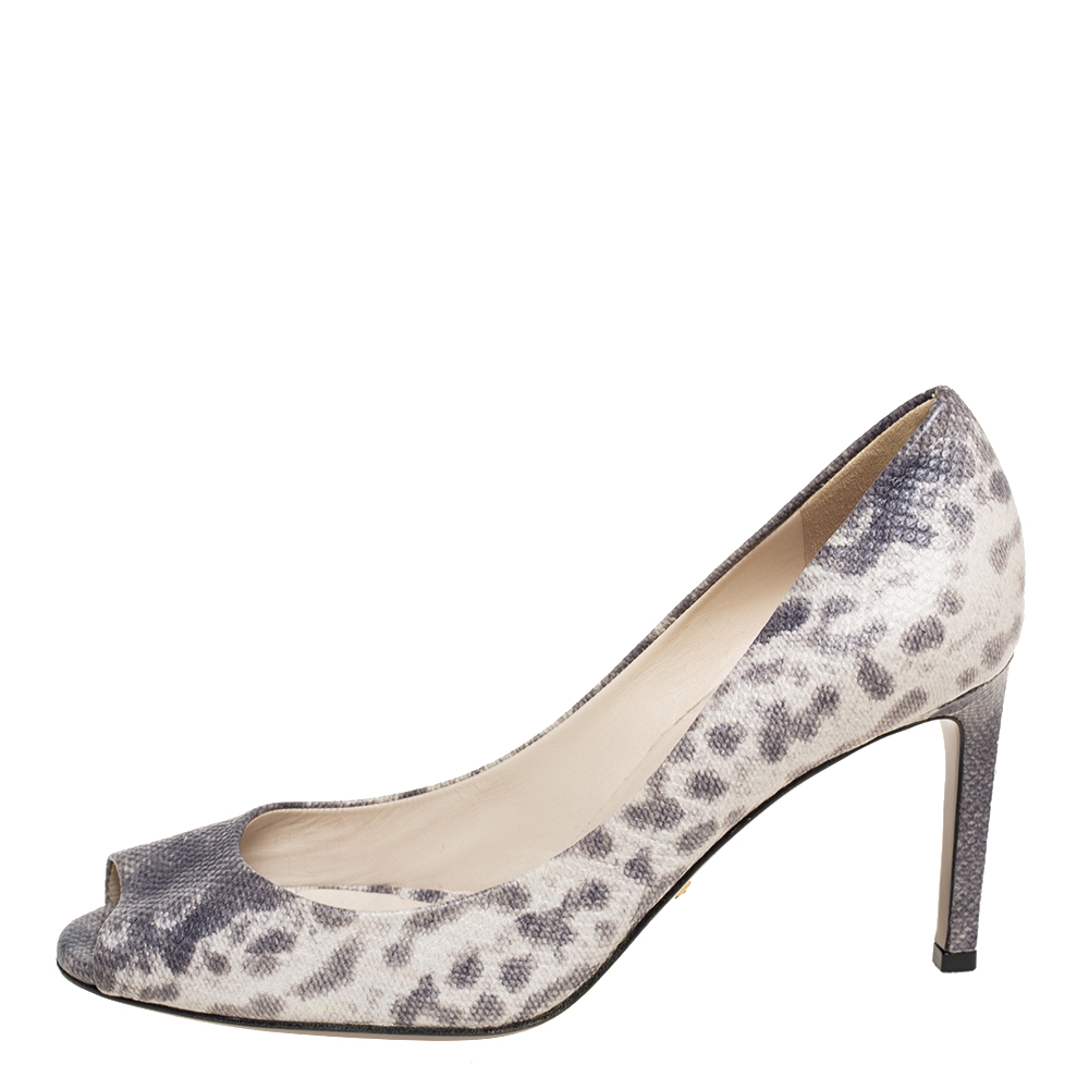 Gucci Grey/Beige Karung Leather Peep-Toe Pumps Size 38