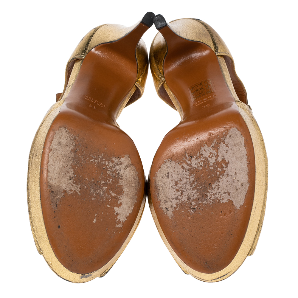 Gucci Gold Leather Ankle Strap Peep Toe Platform Sandals Size 38