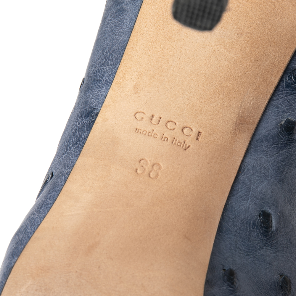 Gucci Blue Ostrich Leather Peep Toe Platform Pumps Size 38