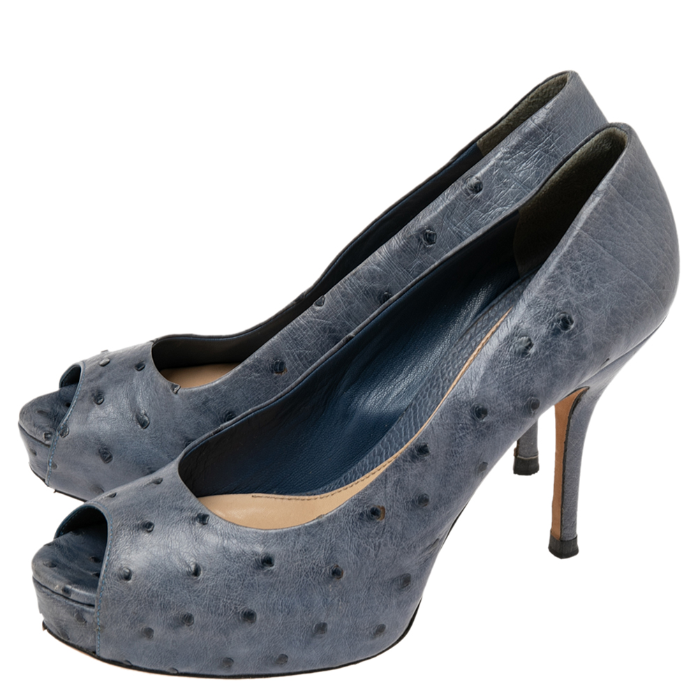 Gucci Blue Ostrich Leather Peep Toe Platform Pumps Size 38