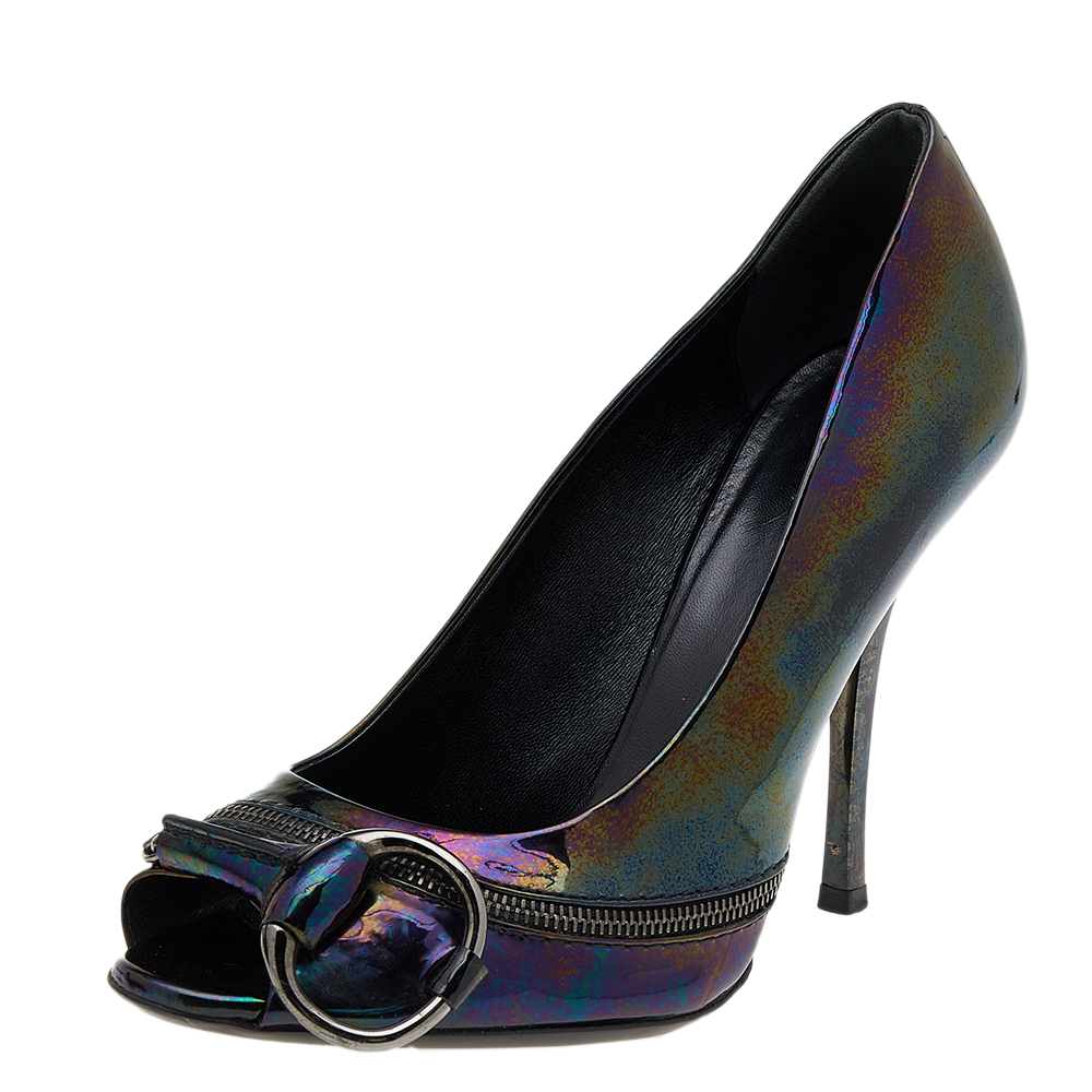 Gucci multicolor iridescent patent leather horsebit peep toe pumps size 37.5