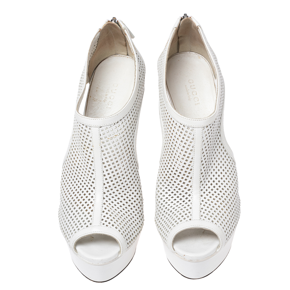 Gucci White Perforated Leather Kim Platform Ankle Booties Size 38