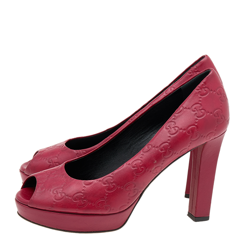 Gucci Red Guccissima Leather Peep Toe Platform Pumps Size 37.5