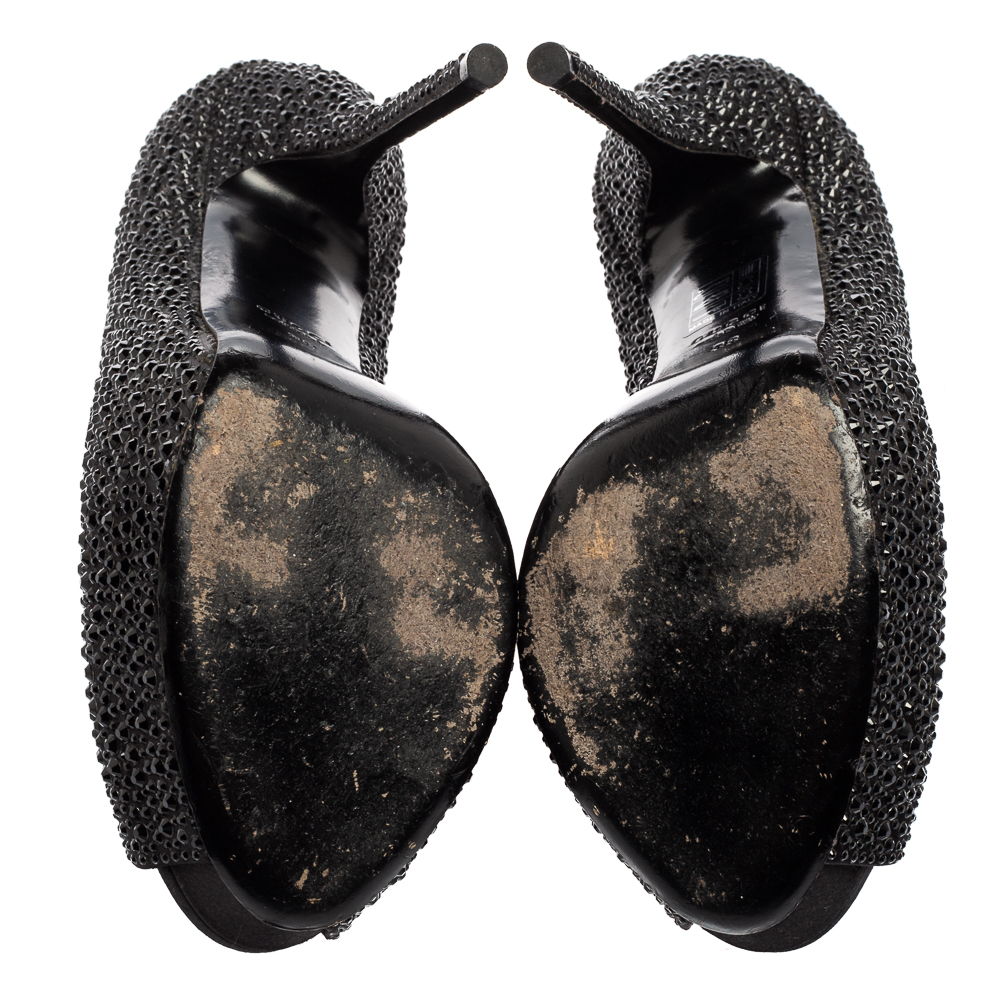 Gucci Black Satin Crystal Peep Toe Platform Pumps Size 38
