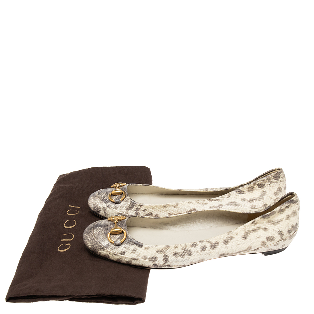 Gucci Grey/Cream Karung Leather Horsebit Ballet Flats Size 38