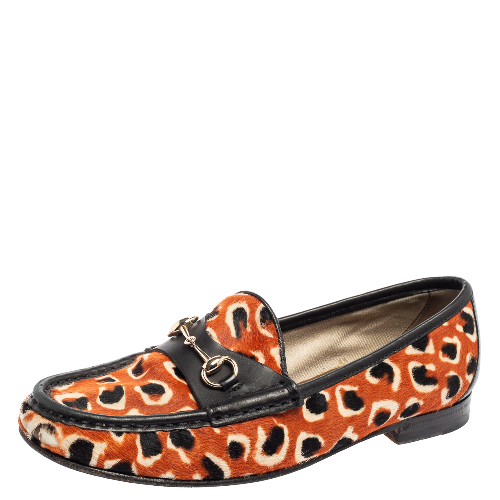 Gucci tri-color leopard print calf hair and leather horsebit loafers size 36.5