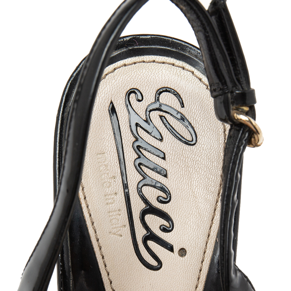 Gucci Black Patent Leather Peep-Toe Slingback Sandals Size 36