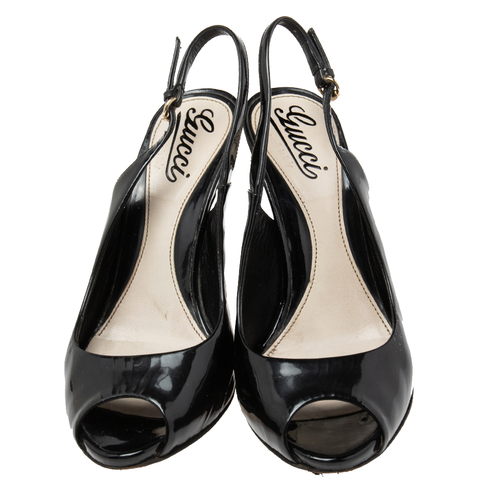 Gucci Black Patent Leather Peep-Toe Slingback Sandals Size 36