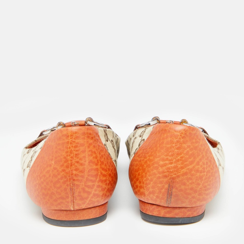 Gucci Beige/Orange GG Canvas And Leather Horsebit Ballet Flats Size 39.5