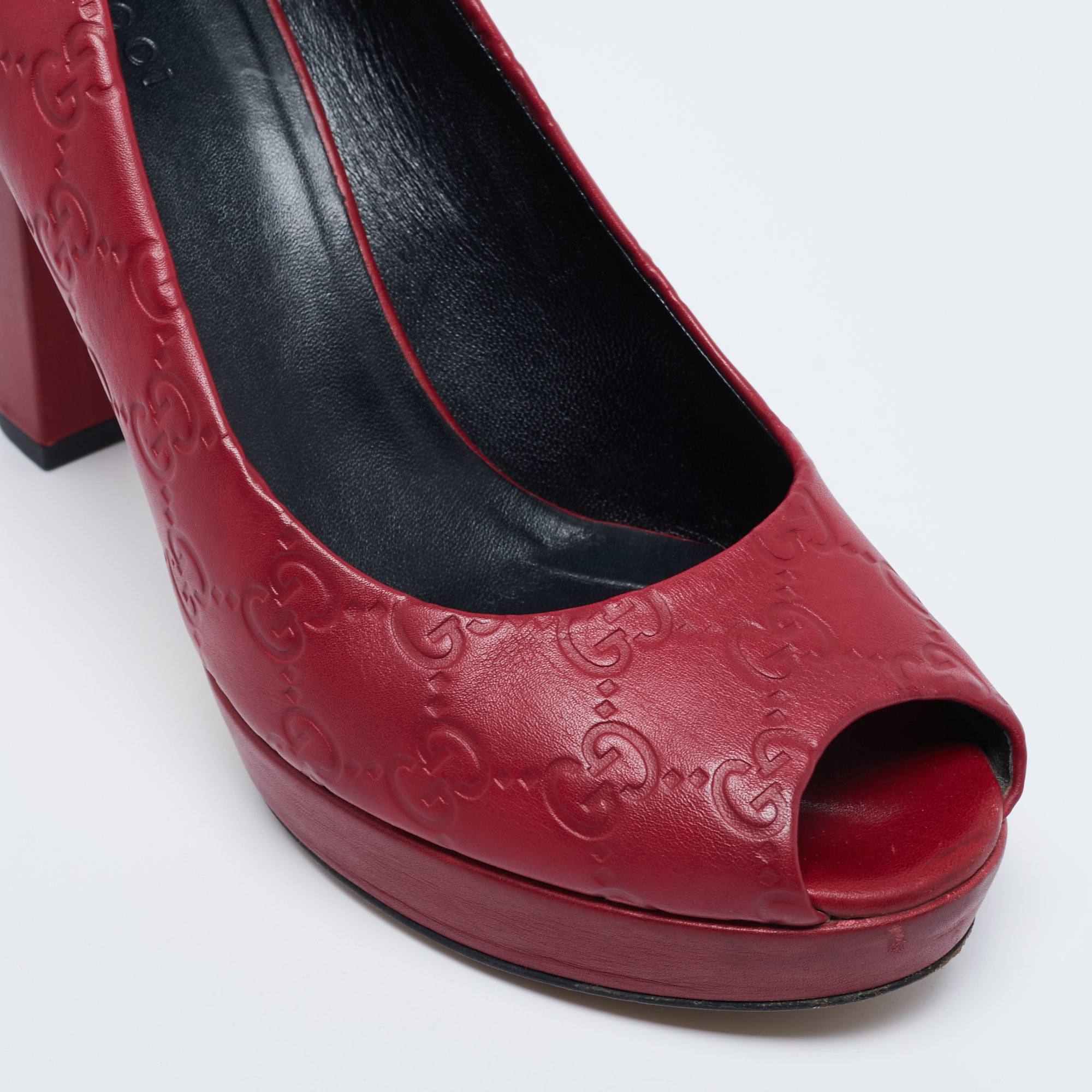 Gucci Burgundy Guccissima Leather Peep Toe Platform Pumps Size 39.5