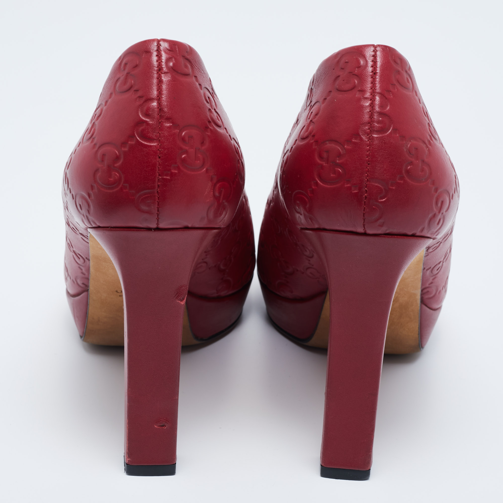 Gucci Burgundy Guccissima Leather Peep Toe Platform Pumps Size 39.5