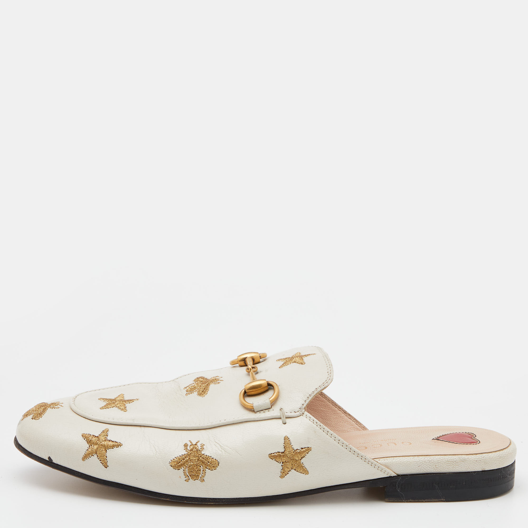 Gucci white star and bee embroidered leather princetown horsebit flat mules size 35