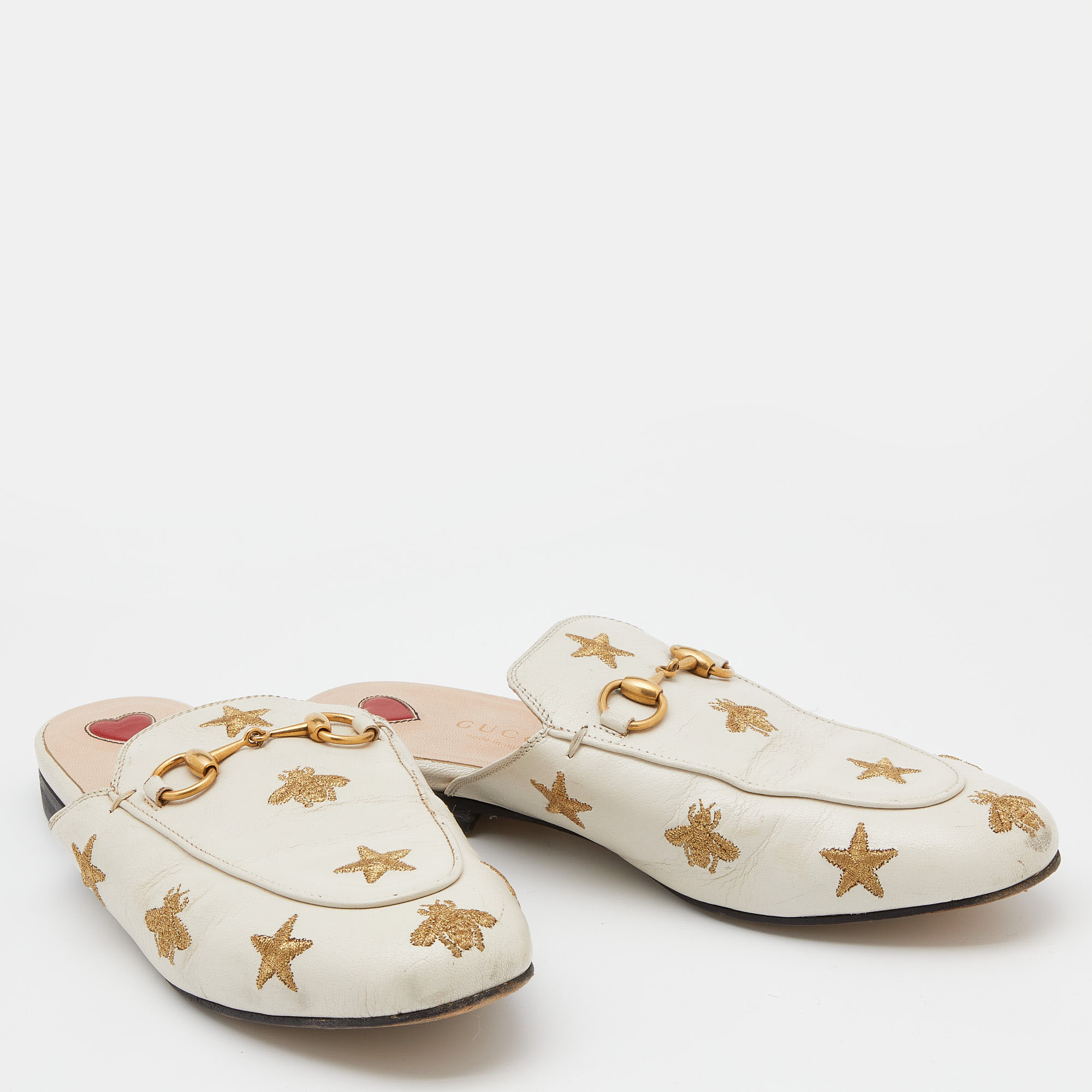 Gucci White Star And Bee Embroidered Leather Princetown Horsebit Flat Mules Size 35