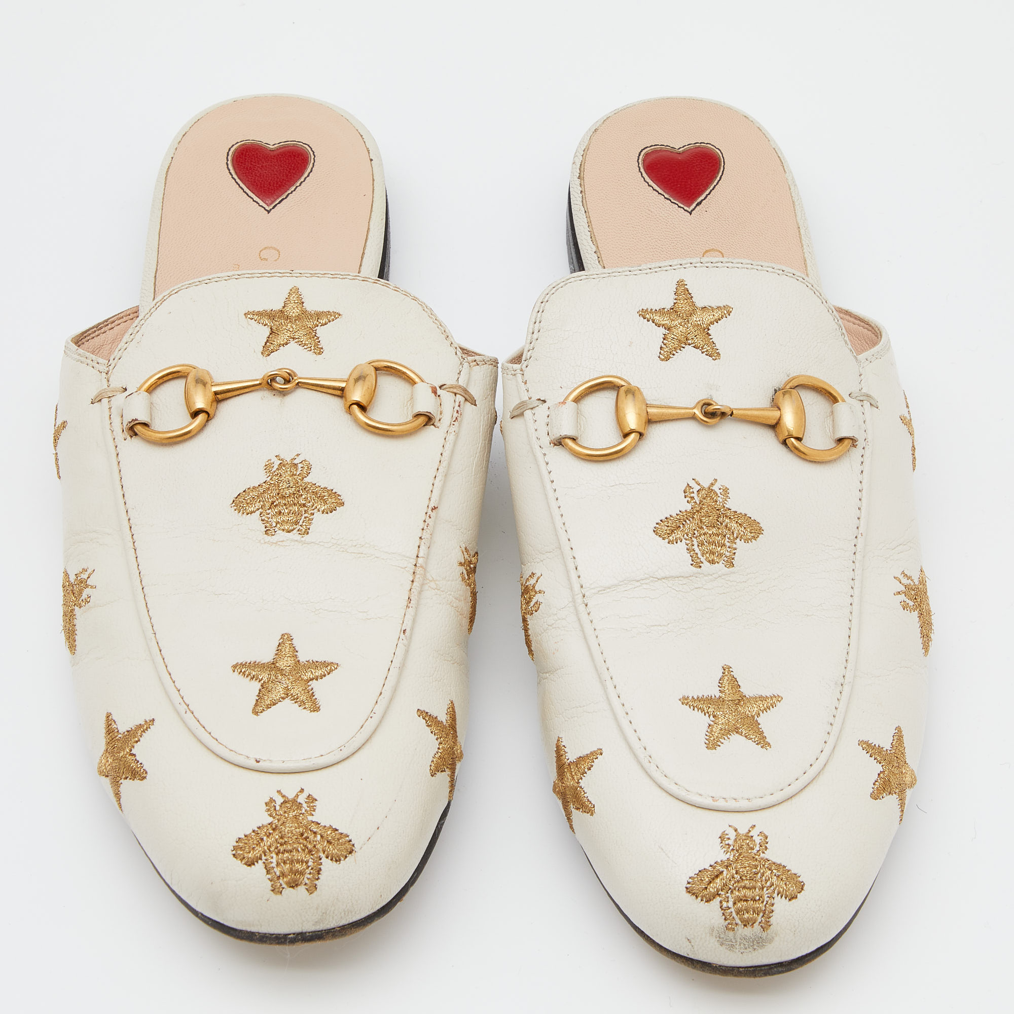 Gucci White Star And Bee Embroidered Leather Princetown Horsebit Flat Mules Size 35