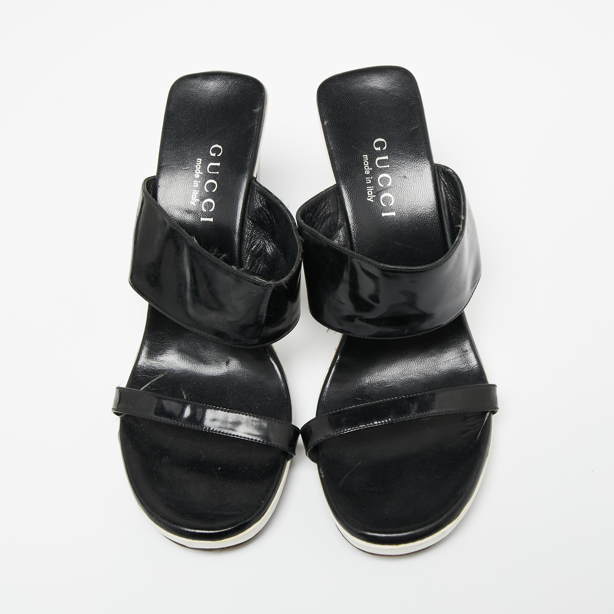 Gucci Black Patent Leather Cut-Out Wedge Slide Sandals Size 38