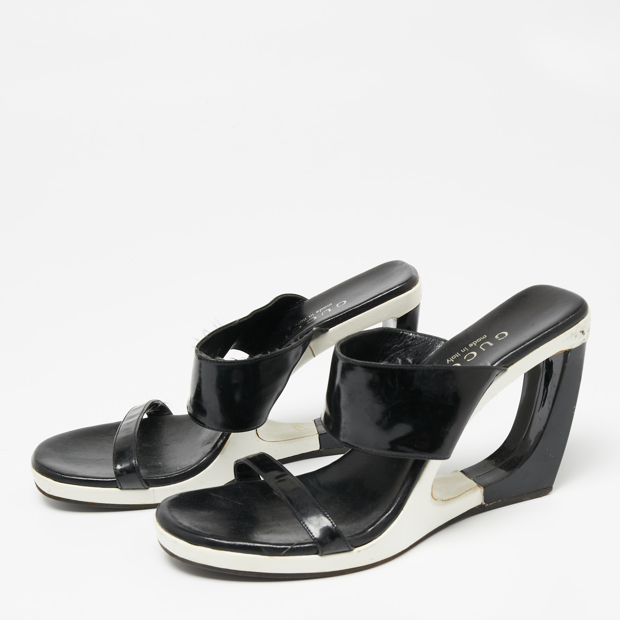 Gucci Black Patent Leather Cut-Out Wedge Slide Sandals Size 38