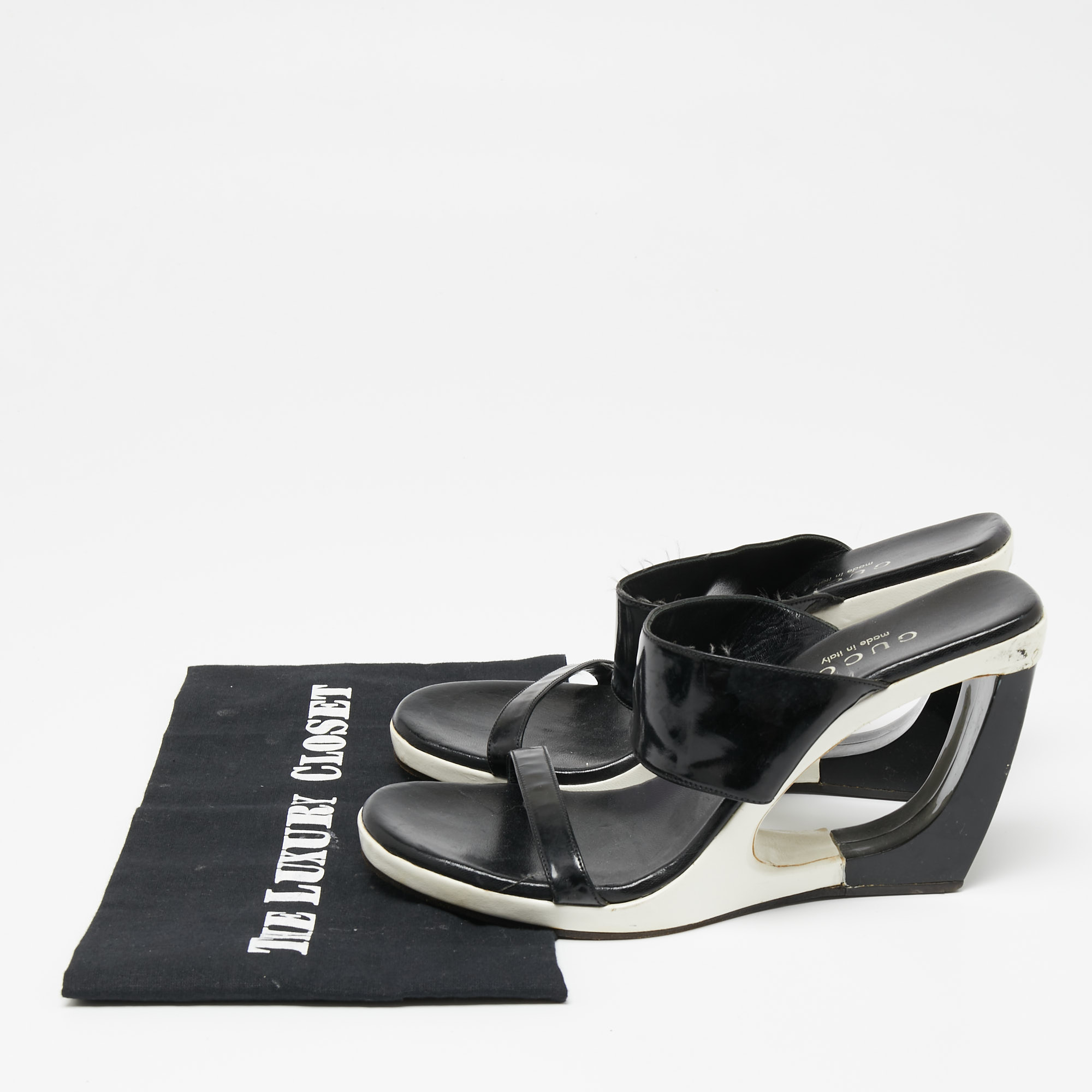 Gucci Black Patent Leather Cut-Out Wedge Slide Sandals Size 38