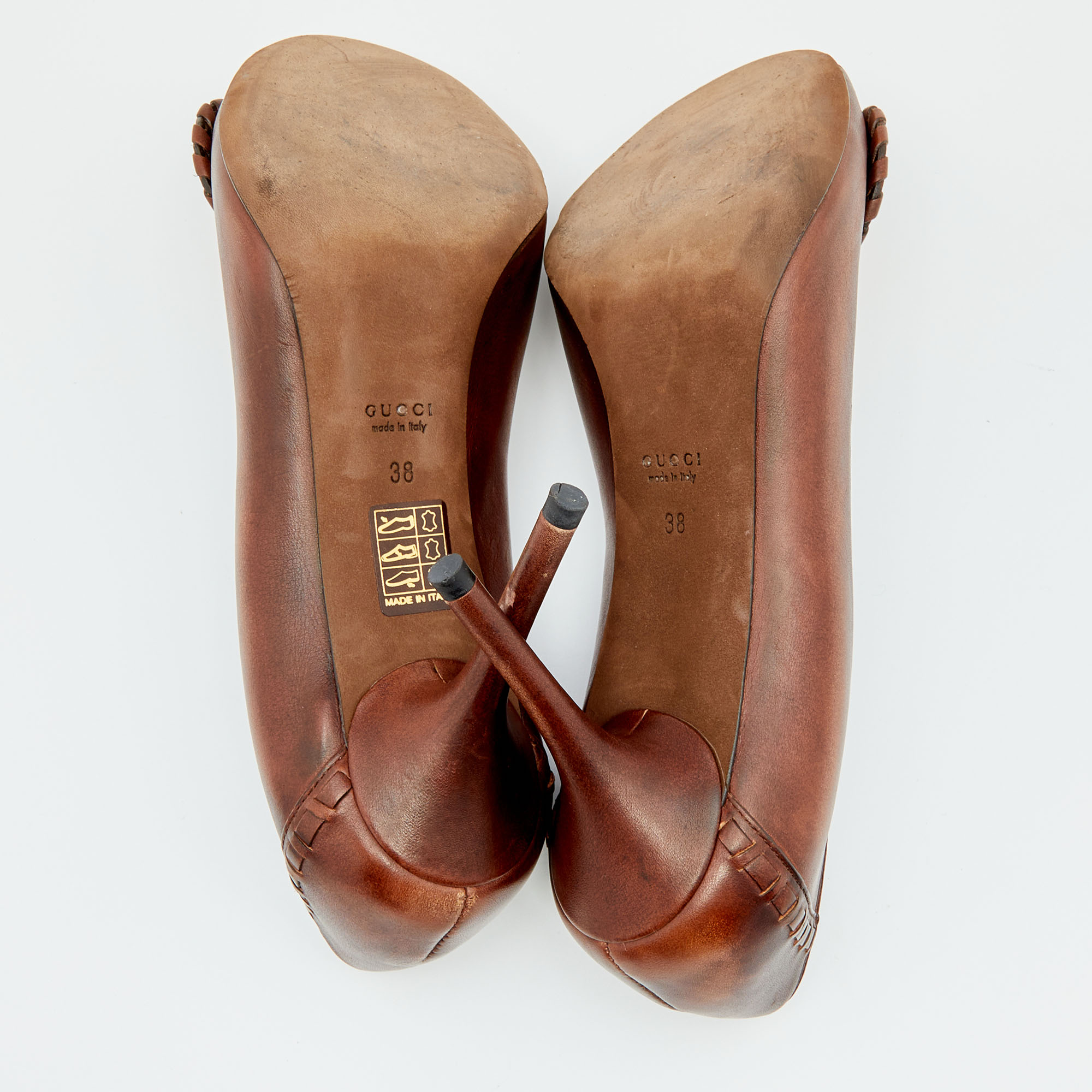Gucci Brown Leather Horsebit Peep Toe Pumps Size 38