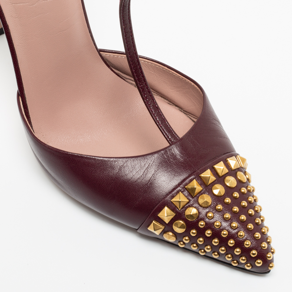Gucci Burgundy Leather Studded Cap-Toe T-Strap Pumps Size 39