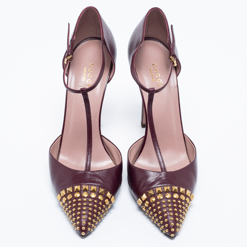 Gucci Burgundy Leather Studded Cap-Toe T-Strap Pumps Size 39