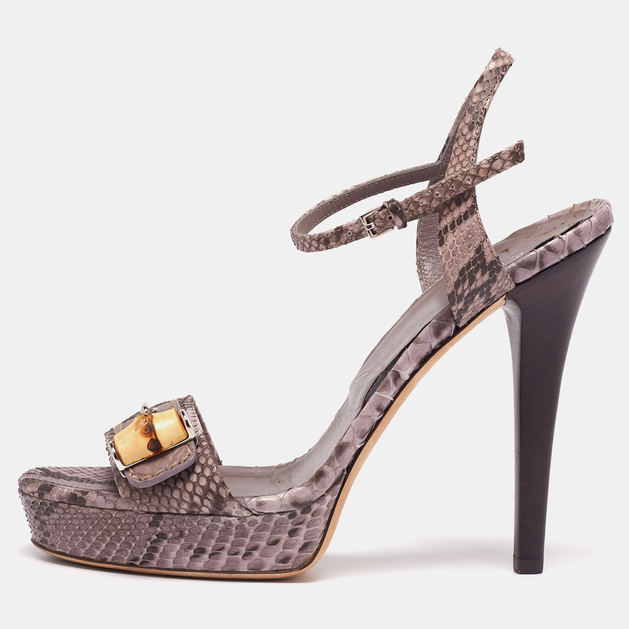 Gucci Purple/Brown Python Leather Bamboo Ankle Straps Platform Sandals Size 37