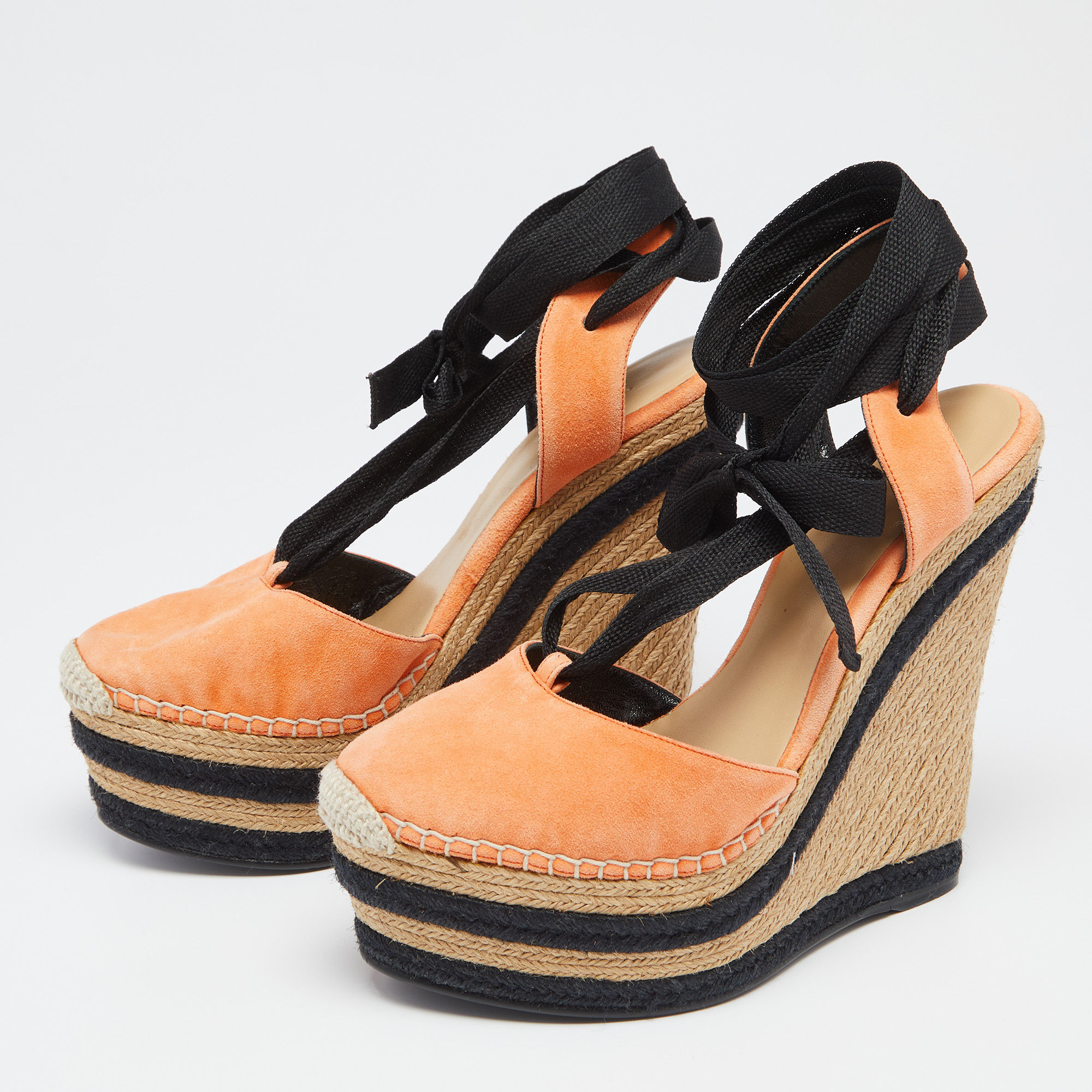 Gucci Orange/Black Suede Wedge Espadrille Sandals Size 36