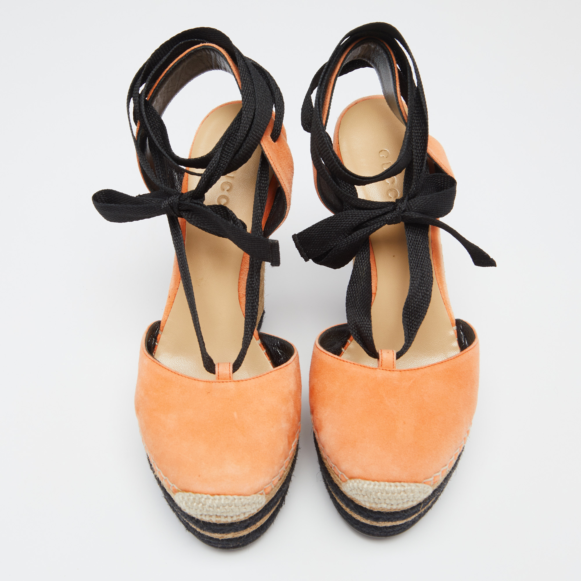 Gucci Orange/Black Suede Wedge Espadrille Sandals Size 36