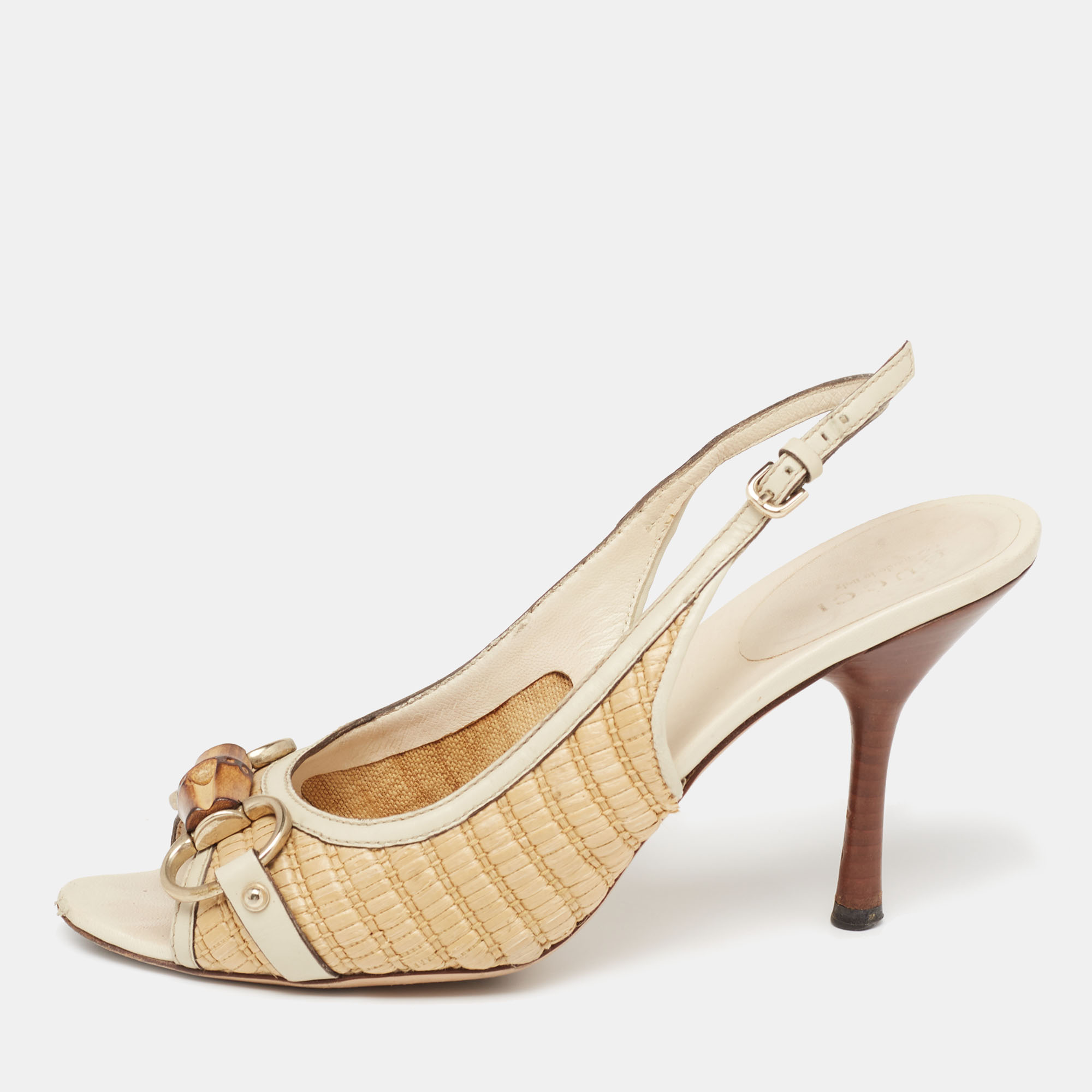 Gucci grey/beige raffia and leather bamboo horsebit slingback sandals size 36.5