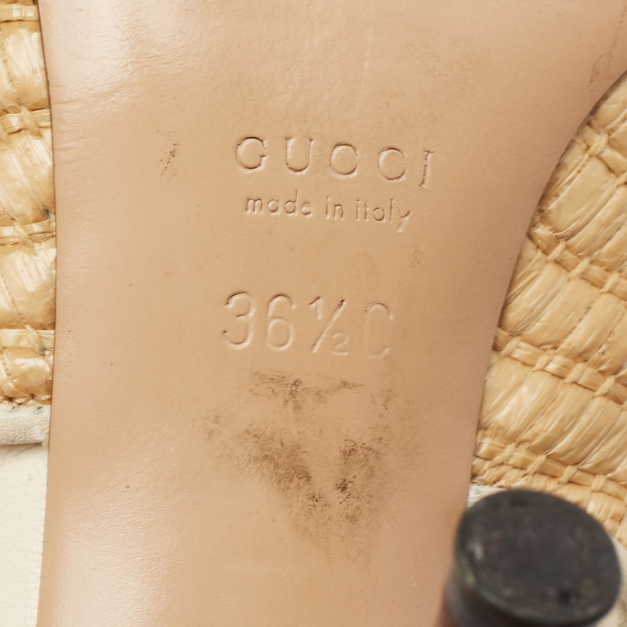 Gucci Grey/Beige Raffia And Leather Bamboo Horsebit Slingback Sandals Size 36.5