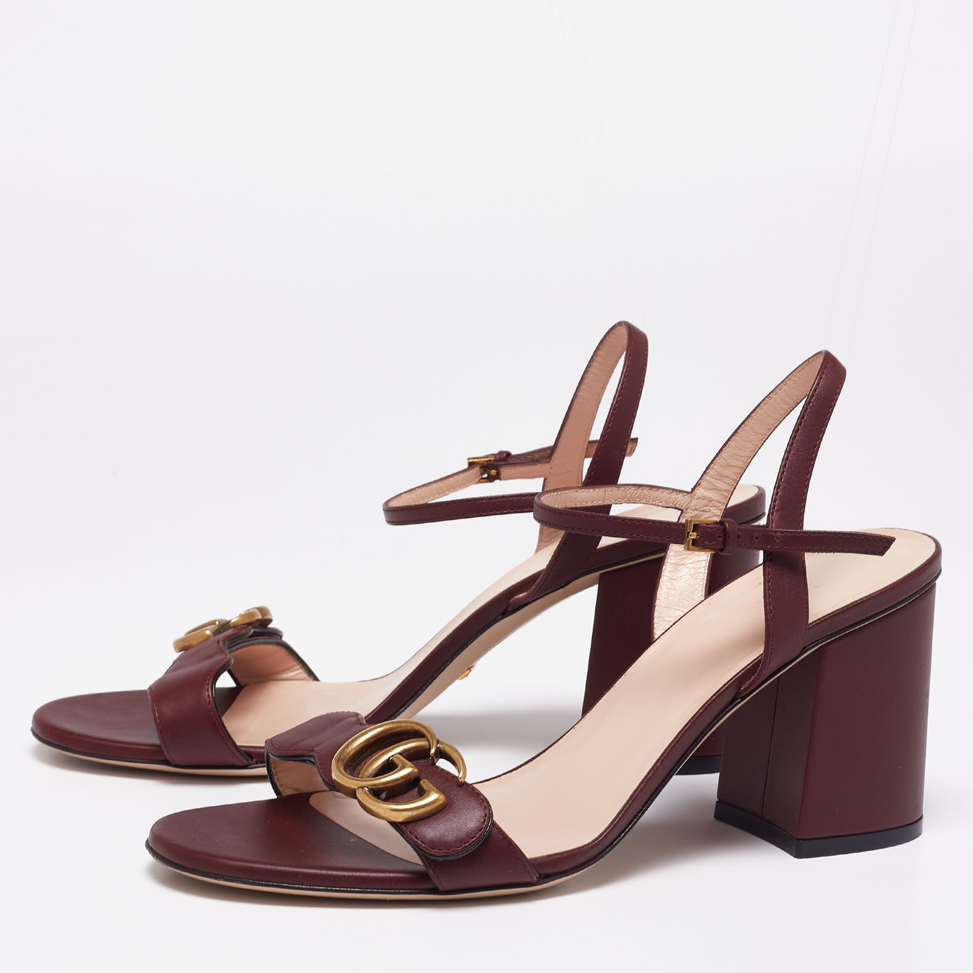 

Gucci Burgundy Leather GG Marmont Ankle-Strap Sandals Size