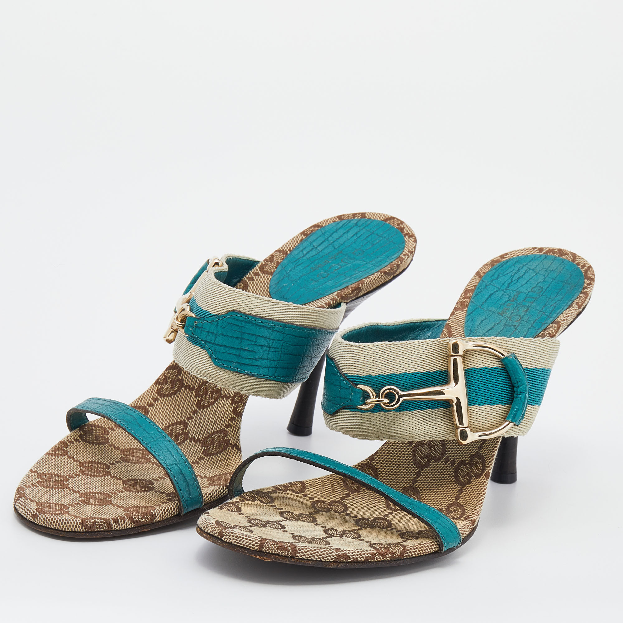 Gucci Turquoise Blue/Off White Leather And Web Tape Slide Sandals Size 36