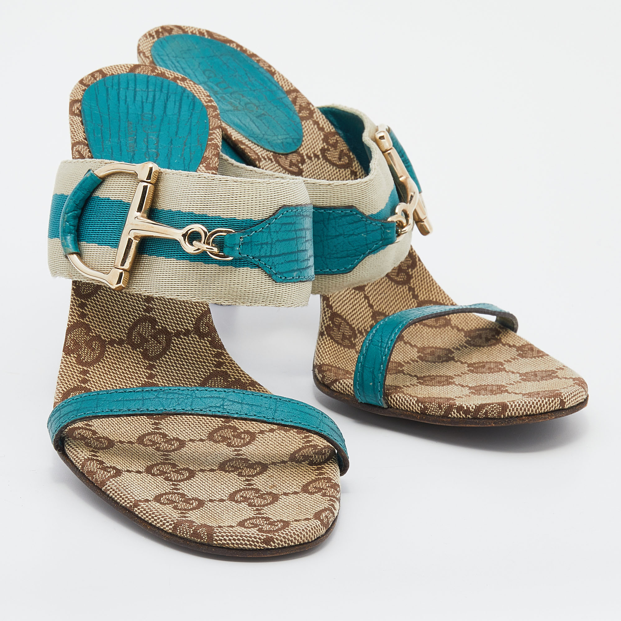 Gucci Turquoise Blue/Off White Leather And Web Tape Slide Sandals Size 36