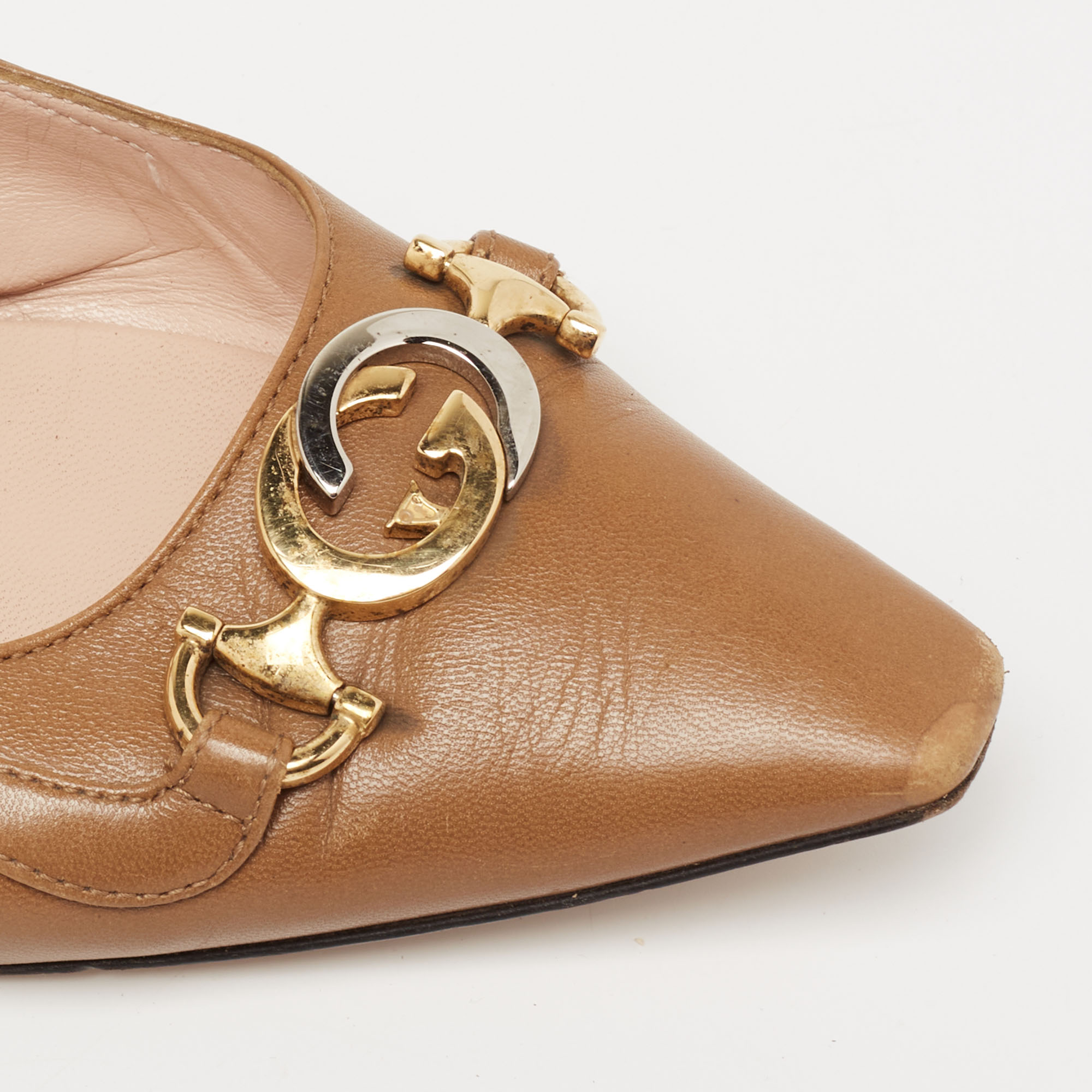 Gucci Brown Leather Interlocking G Horsebit Zumi Slingback Pumps Size 36.5