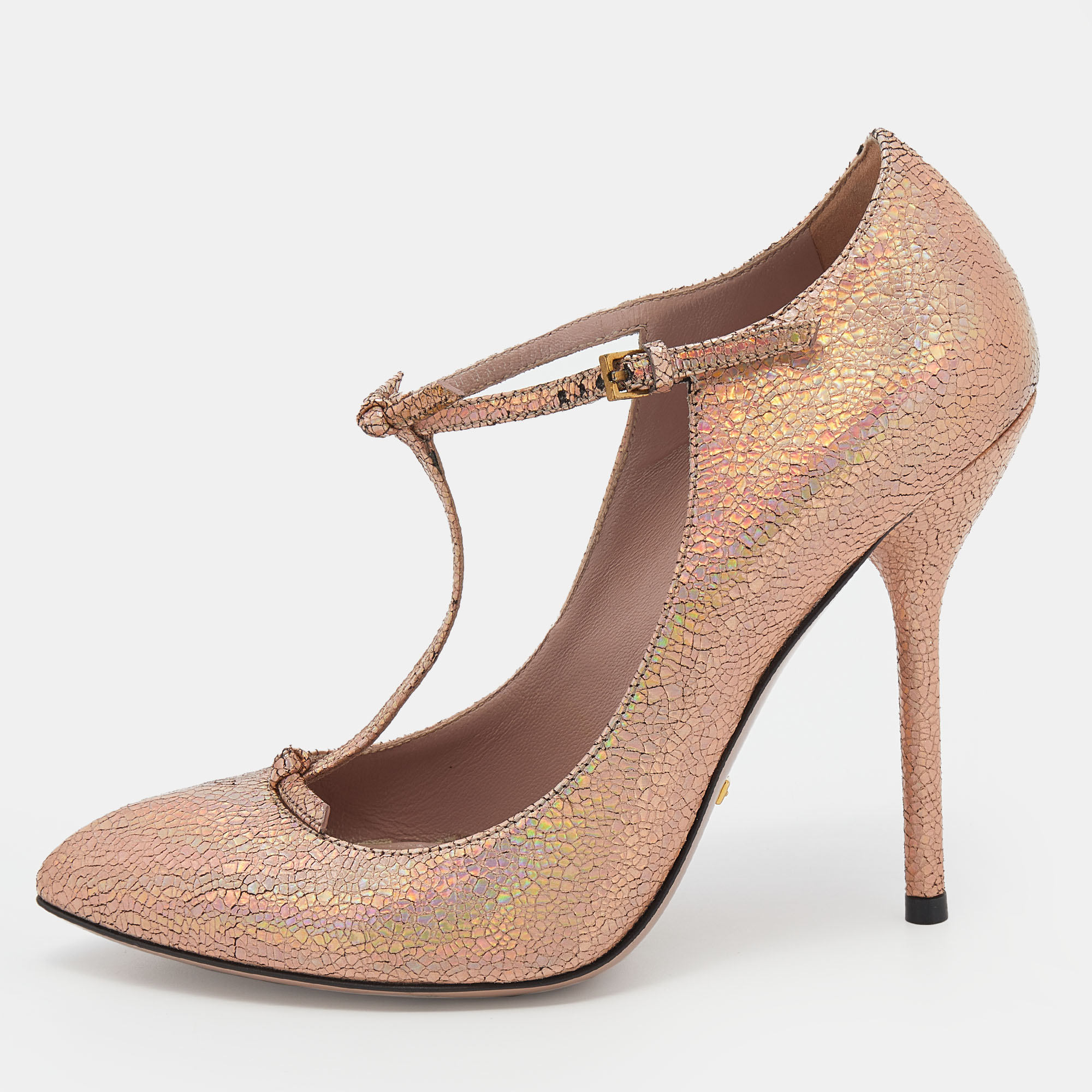 Gucci Metallic Holographic Crackled Leather Beverly T-Strap Pumps Size 37