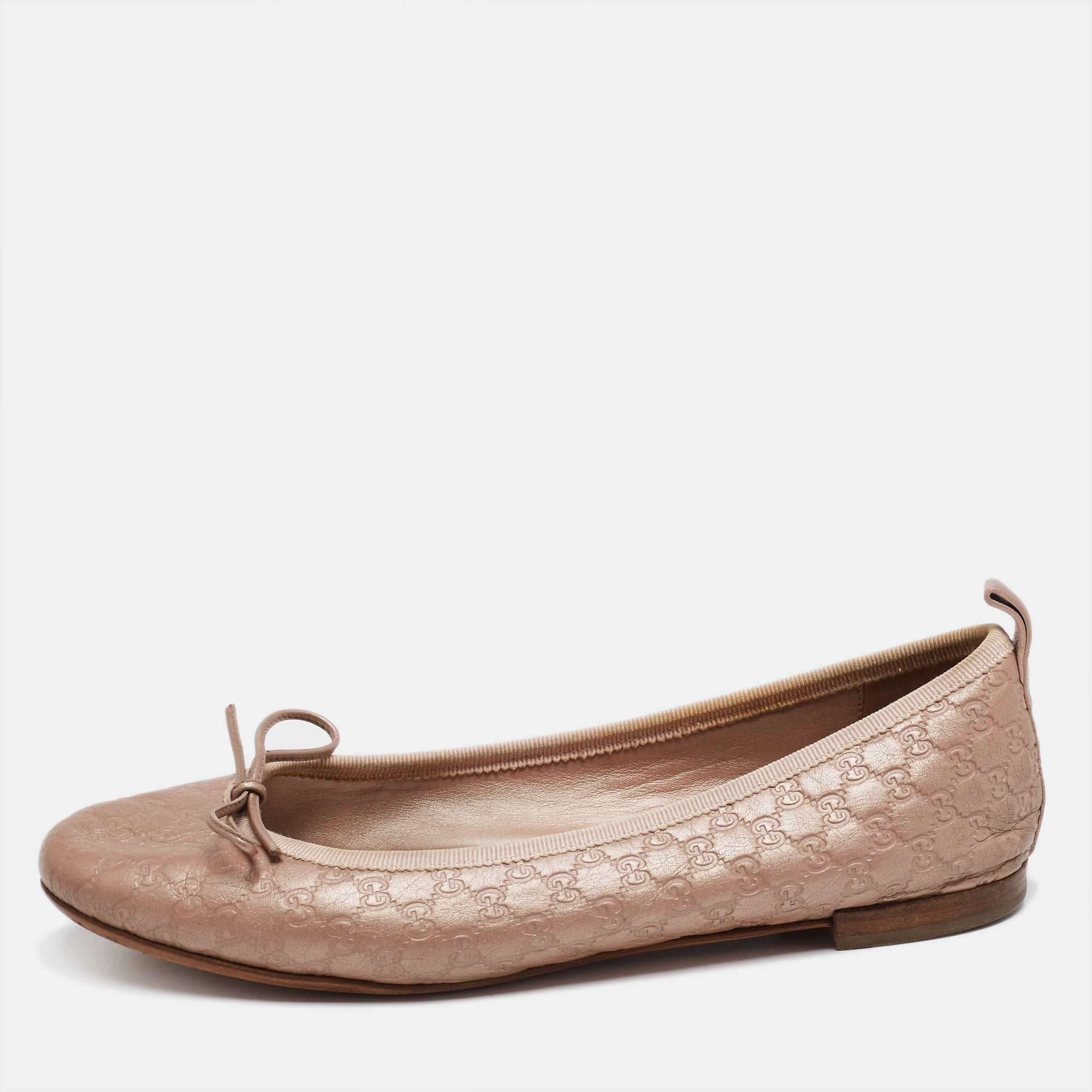 Gucci Metallic Rose Gold  Guccissima  Leather Bow Detail Ballet Flats Size 35