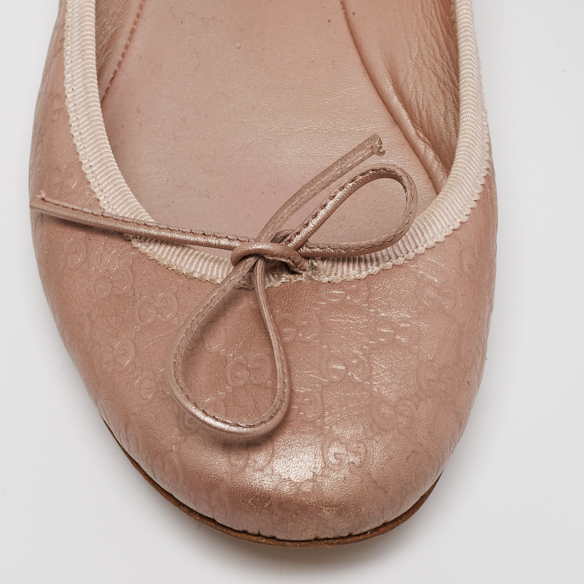 Gucci Metallic Rose Gold  Guccissima  Leather Bow Detail Ballet Flats Size 35