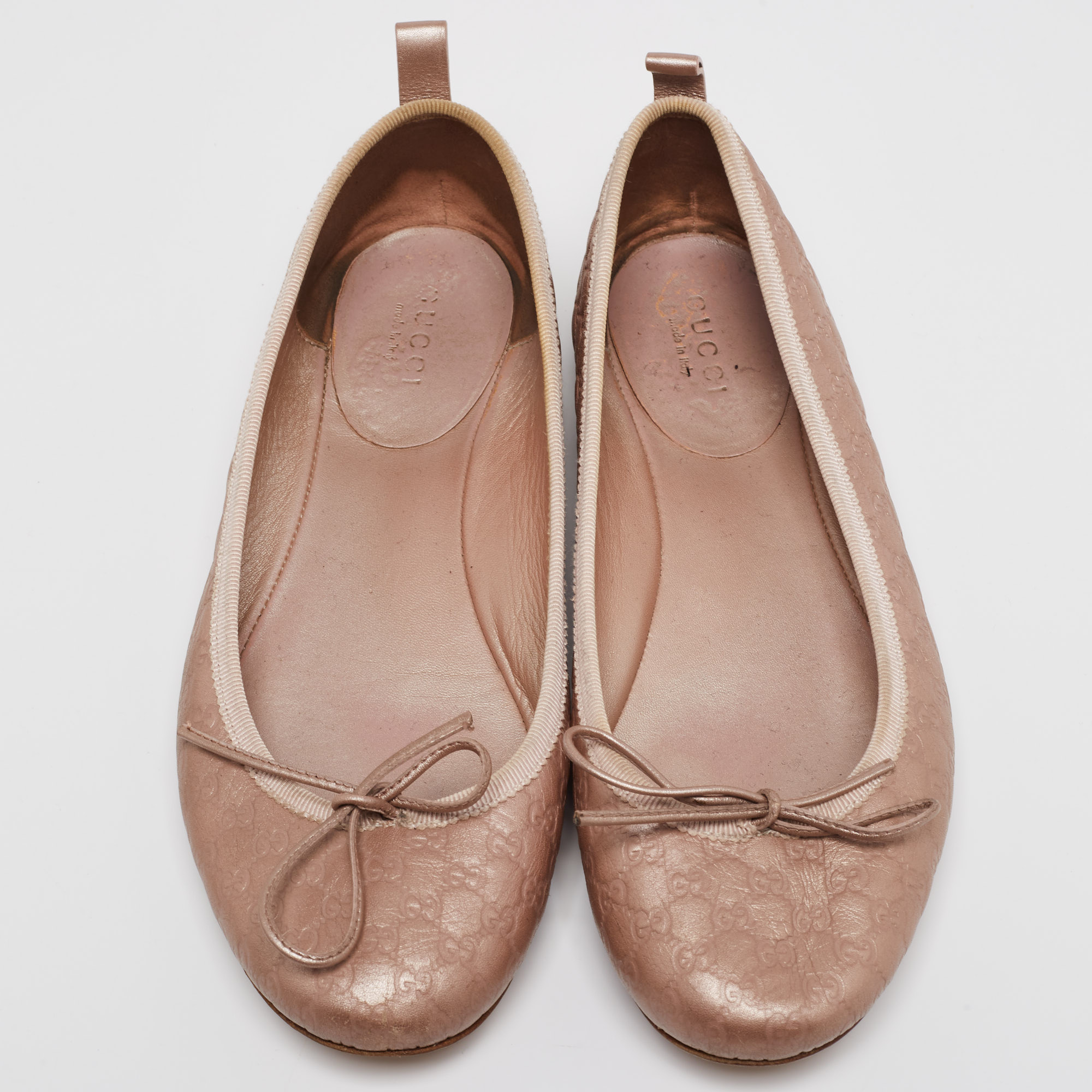 Gucci Metallic Rose Gold  Guccissima  Leather Bow Detail Ballet Flats Size 35