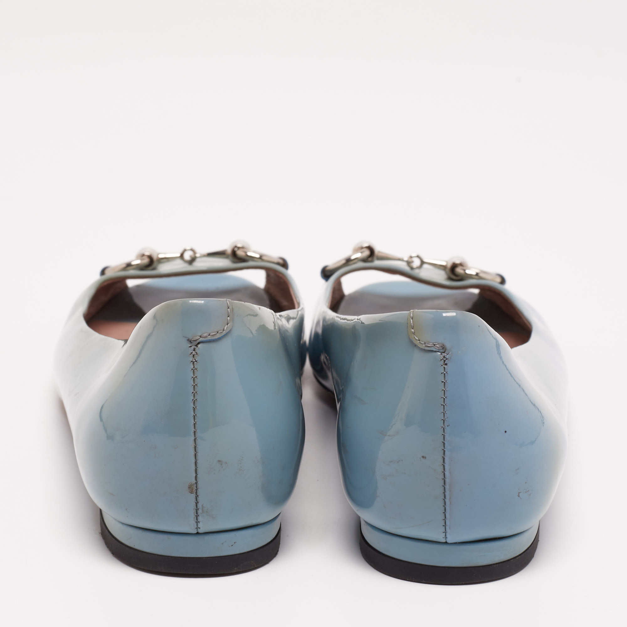 Gucci Grey Patent Leather Horsebit Peep Toe Ballet Flats Size 36.5