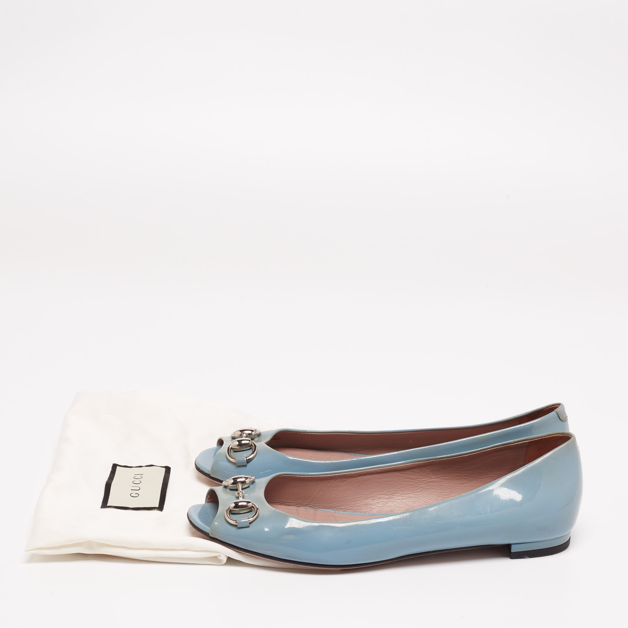 Gucci Grey Patent Leather Horsebit Peep Toe Ballet Flats Size 36.5