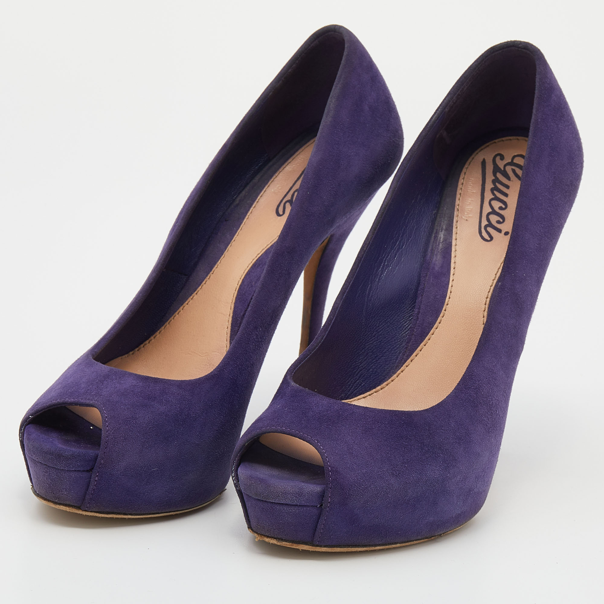 

Gucci Purple Suede Sofia Peep Toe Platform Pumps Size