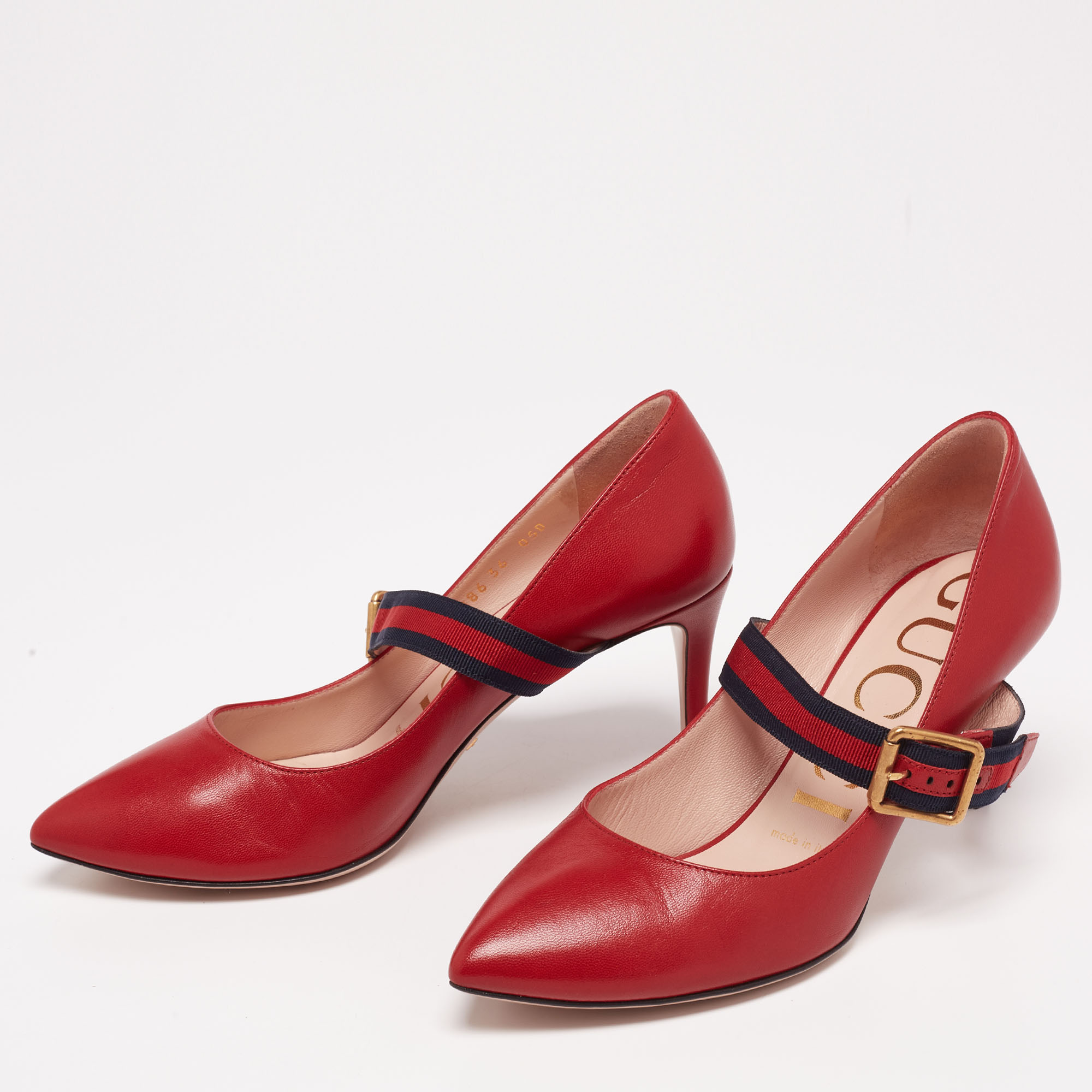 

Gucci Red Leather Sylvie Mary Jane Pumps Size