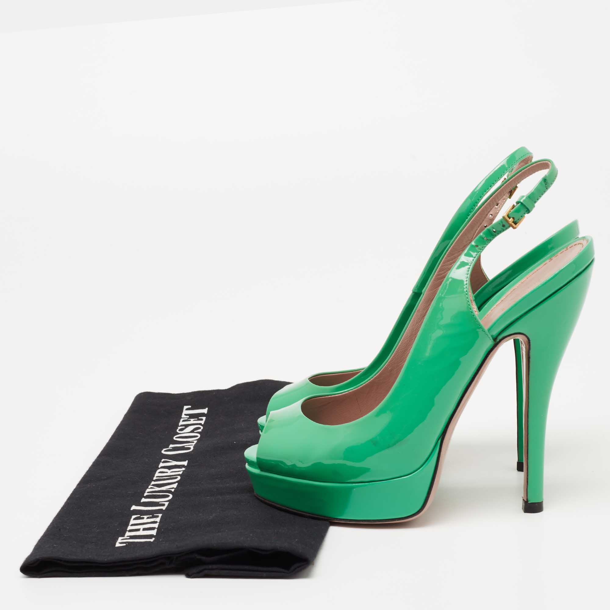 Gucci Green Patent Leather Sofia Platform Peep Toe Ankle Strap Sandals Size 35.5