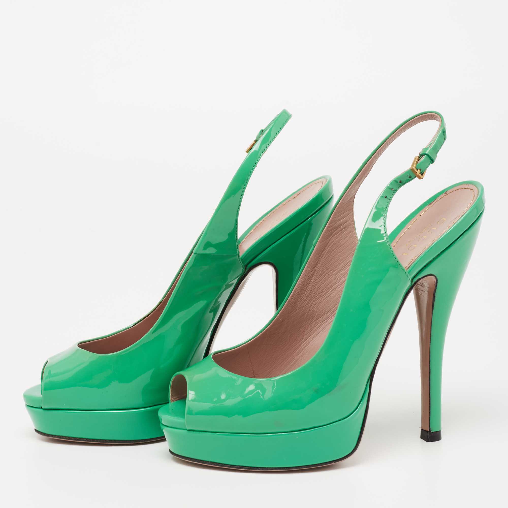 Gucci Green Patent Leather Sofia Platform Peep Toe Ankle Strap Sandals Size 35.5