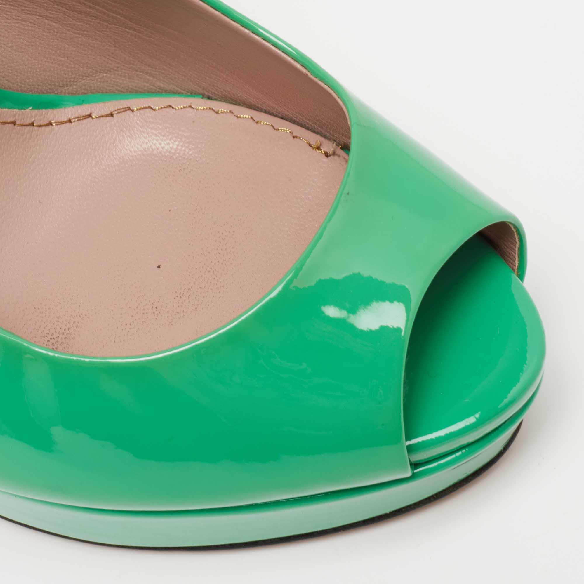 Gucci Green Patent Leather Sofia Platform Peep Toe Ankle Strap Sandals Size 35.5