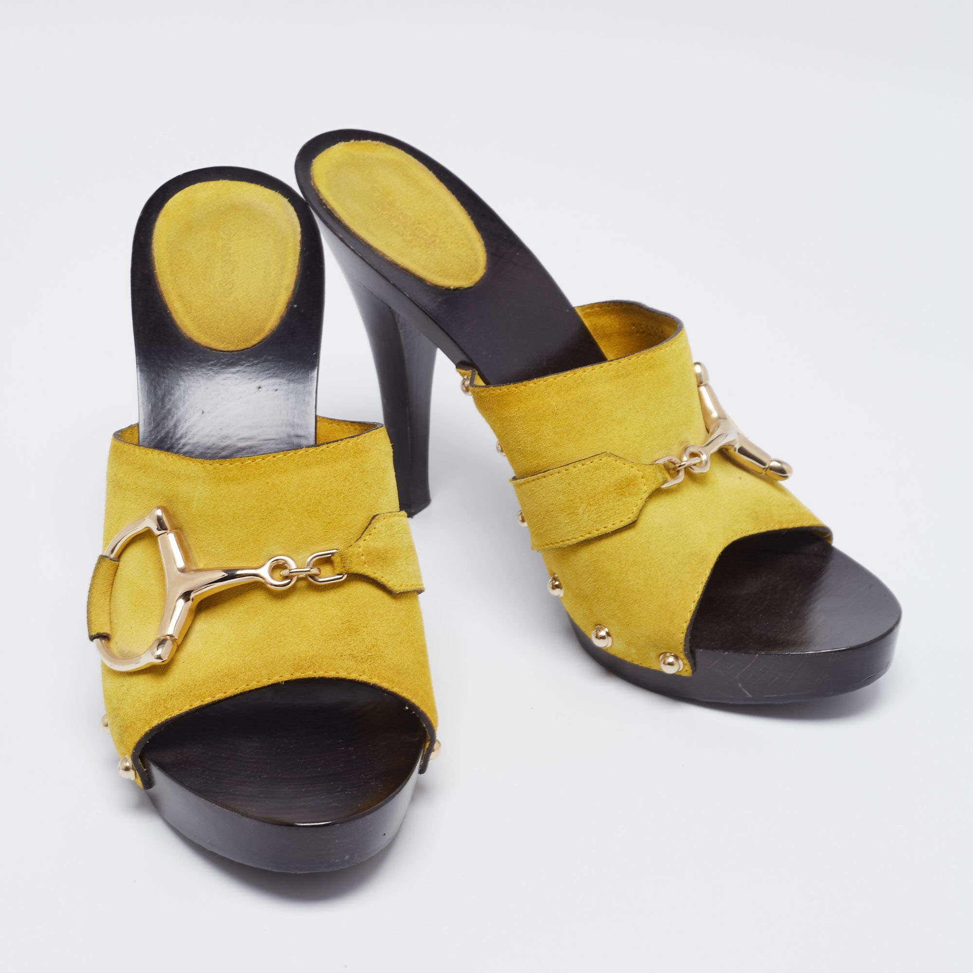 Gucci Yellow Suede Icon Bit Clog Sandals Size 40.5